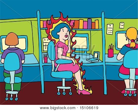 Hot Flash kancelář: Menopauzální žena má hot flash při práci v kanceláři.