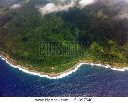 Aerial view of coastal road in the South Pacific islands of Vanuatu.