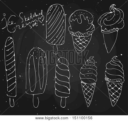 Ice cream illustration - sketched dessert on black chalkboard isolated objects