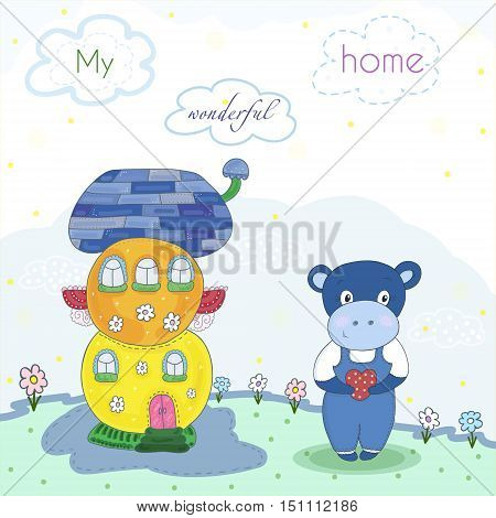 Fairytale colorful cute houses and hippo in cartoon style. Magic land. Vector hand drawn illustration. Printable template