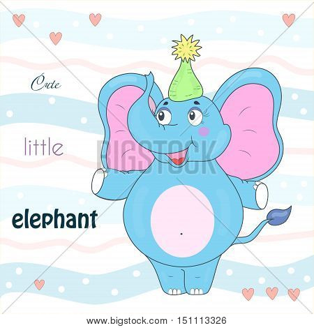 Blue elephant in the cap. Sample comic vector illustration