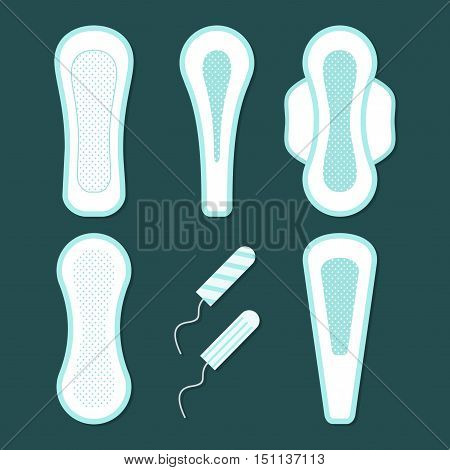 Women hygiene pads set of vector icons isolated on dark background with shadow. Hygiene pads types, feminine hygiene sanitary napkin products. Means personal hygiene design elements in flat style.