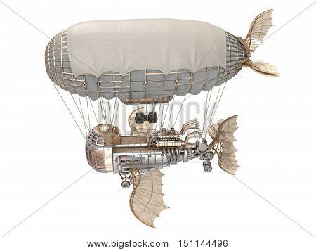 3d illustration of a fantasy airship in steampunk style on isolated background