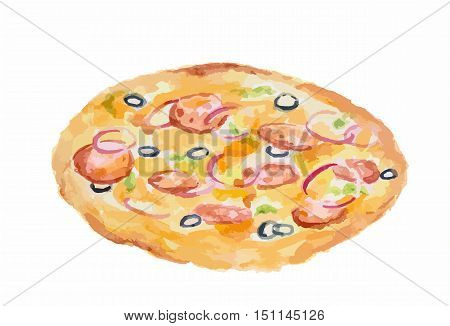 Isolated watercolor pizza on white background. Tasty italian snack or street food. Italian cuisine.