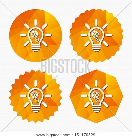 Light lamp sign icon. Bulb with gears and cogs symbol. Idea symbol. Triangular low poly buttons with flat icon. Vector