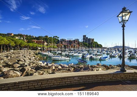 Lerici colorful village. Harbor sea bay boats fortress and houses. Five lands Cinque Terre Ligury Italy Europe.