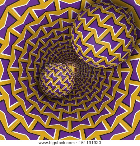 Optical illusion illustration. Two balls are moving on rotating funnel. Purple golden bows pattern objects. Abstract fantasy in a surreal style.