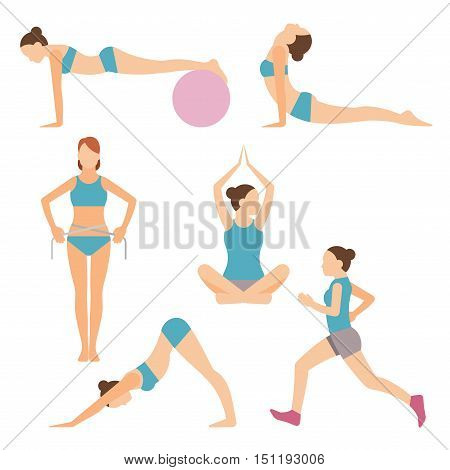 Set of colored vector icons of people exercising at the gym and fitness icons with weight lifting running jogging yoga and weight loss measurement