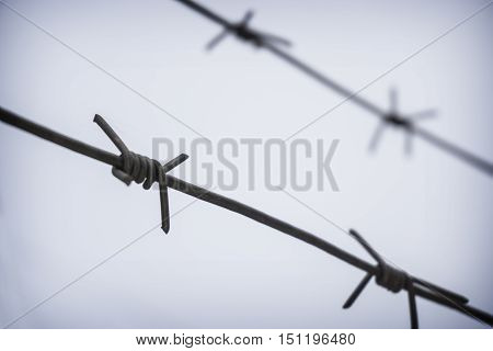 Rusty barbed wire on autumn sky background