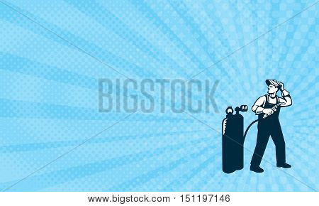 Business card showing Illustration of welder worker standing with visor up looking to the side holding welding torch with tank viewed from front set on isolated white background done in retro style.