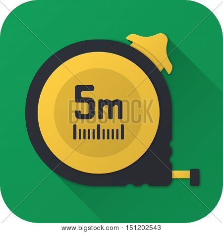 Vector illustration. Toy construction tape measure in flat design with long shadow. Square shape icon in simple design. Icon vector size 1024 corner radius 180