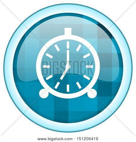 Blue circle vector alarm clock icon. Round internet glossy ringer button. Web design graphic element. 