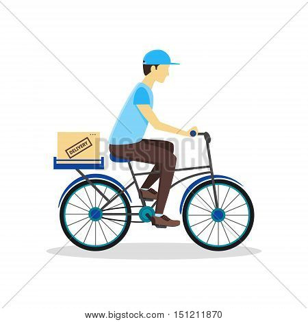Delivery Bicycle Man with Carton Box. Logistics Service Flat Design Style. Vector illustration