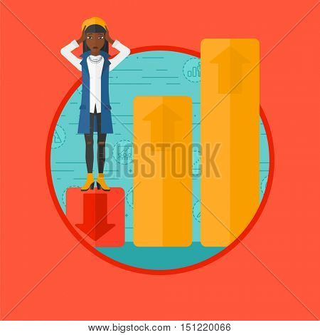 An african-american frightened bankrupt clutching her head. Bankrupt standing on chart going down. Concept of business bankruptcy. Vector flat design illustration in the circle isolated on background.