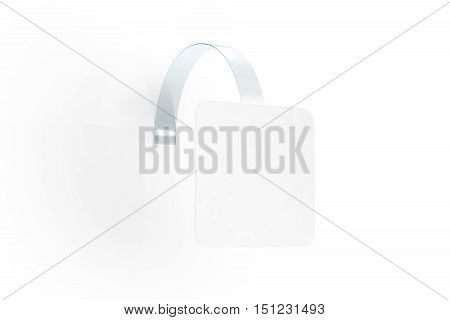 Blank white wobbler hang on wall mock up clipping path 3d rendering. Space rectangular paper mockup on plastic transparent strip. Clear price sticker. Pricing tag label template isolated.