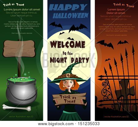 Set of Halloween flyer template with a young cute witch on a background of the full moon, cemetery and magic cauldron. Vector illustration