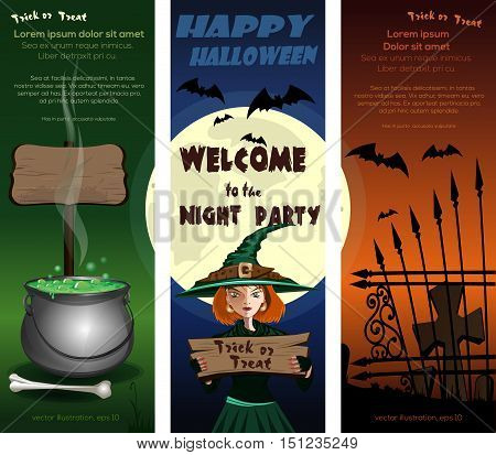 Set of Halloween flyer template with a young cute witch on a background of the full moon cemetery and magic cauldron. Vector illustration