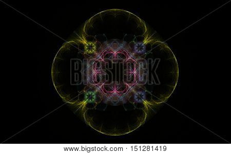 fractal abstract flower of four petals yellow with red midpoint of the eight petals on a black background