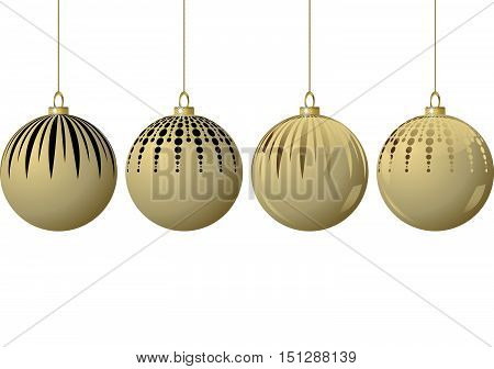 four golden christmas baubles hanging in ribbon