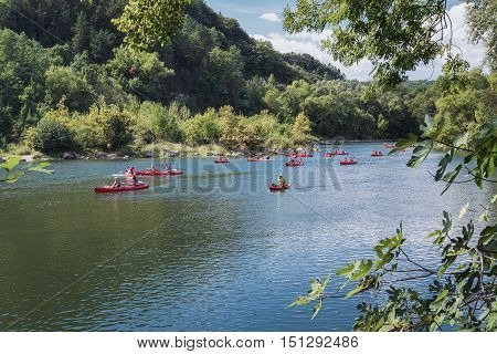 Pont d'Arc France - September 19, 2016: As school trip a class with French students kayaking on the river Ardeche France.