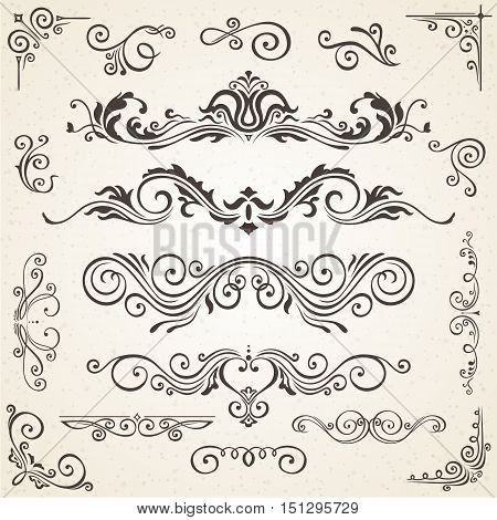 Vector set of Swirl Elements and Corners for design. Vector set of Calligraphic Design Elements for page decoration, Labels, banners, baroque Frames and floral ornaments. Old paper Decoration