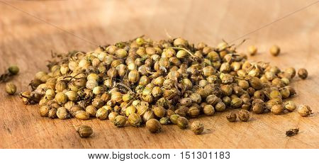 Handful of dryed coriander seeds on wood texture background