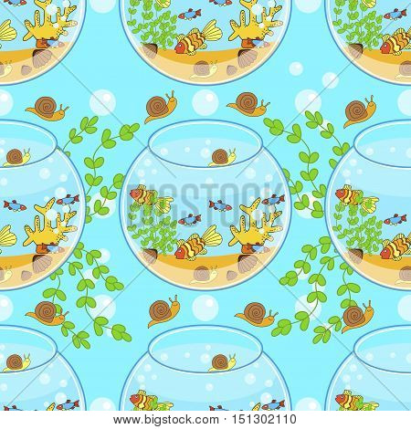 fishbowl pattern with fish snail and decorations. Aquarium pattern.