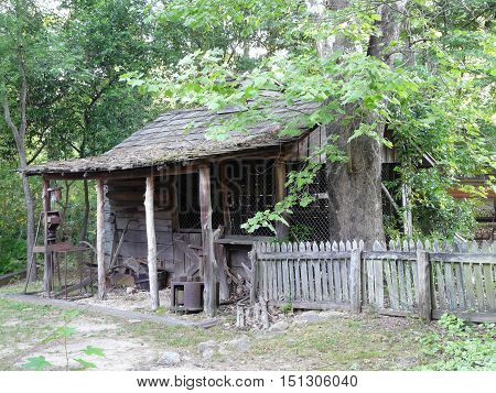 EATONTON, GEORGIA - May 14: On May 14, 2015, a slave cabin is on the grounds of the Uncle Remus Museum in Eatonton, Georgia, the hometown of Joel Chandler Harris, author of the Uncle Remus stories.