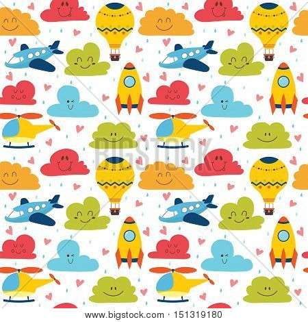 Cute children seamless pattern with plane helicopter hot air balloon spaceship and clouds. Vector illustration