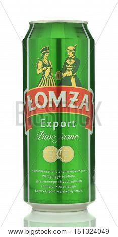 CIRCA SEPTEMBER 2016 - GDANSK: Lomza export beer isolated on white background. Lomza Brewery has been brewing since 1968.