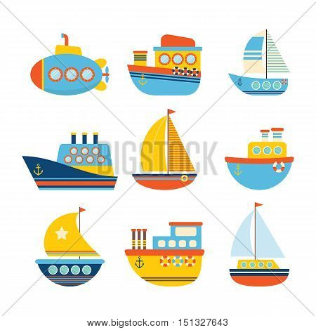 Set of sea transport. Different kind of boats. Fishing boats yachts and sailboats. Vector illustration