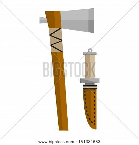 Axe steel isolated and sharp axe cartoon weapon icon isolated on white and wooden axe cartoon flat icon of handle wood work equipment vector illustration. Lumberjack axe