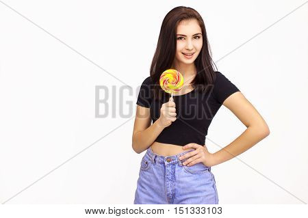 Happy Young Woman with lolipop Isolated On White Background