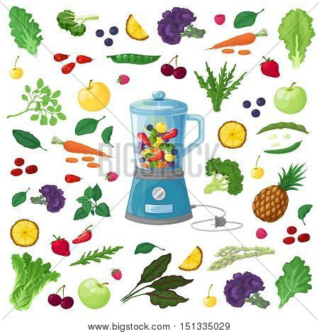 Vector Illustration of fruits, vegetables and herbs, made in a realistic style. ingredients for preparing drinks or smoothies. Icons set.