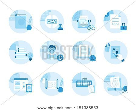 Set of icons on the topic of writing, text editing, printing. Made in a flat style