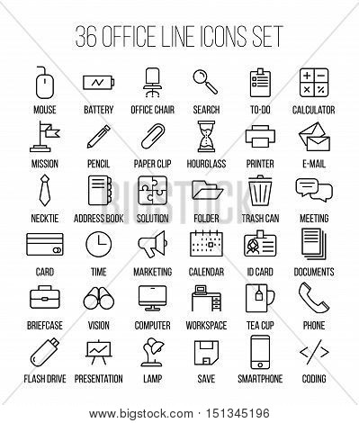 Set of office icons in modern thin line style. High quality black outline business symbols for web site design and mobile apps. Simple linear office pictograms on a white background.