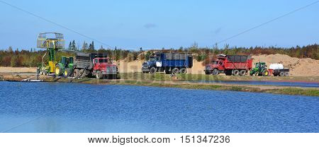 Saint-Louis-de-Blandford Quebec Canada 10 06 16: Cranberry farm water management harvesting in Saint-Louis-de-Blandford located on the Becancour River in Arthabaska county Centre-du-Quebec region.