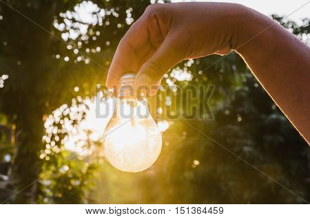 hand holding a light bulb with sunset power concept