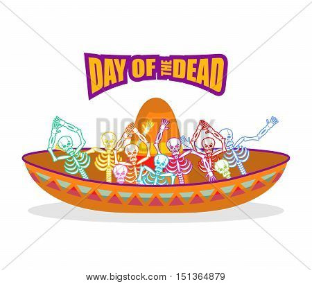 Day Of The Dead Skeletons And Sombrero. Multi-colored Skull In Mexican Hat. Emblem For National Holi