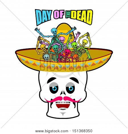 Day Of The Dead Skeletons And Sombrero. Multi-colored Skull In Mexican Hat. Emblem For National Holi