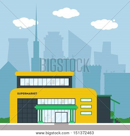 Flat Supermarket Building With City Background
