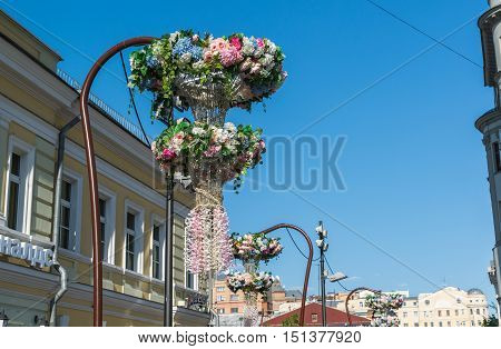 Moscow, Russia -may 14.2016. Decoration of flowers on the street Klimentovsky Lane at festival Moscow spring