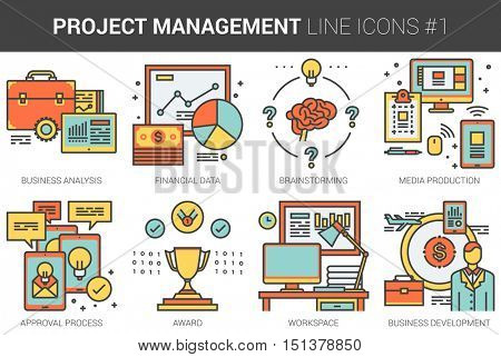 Project management infographic metaphor with line icons. Project management concept for website and infographics. Vector line art icon set isolated on white background.