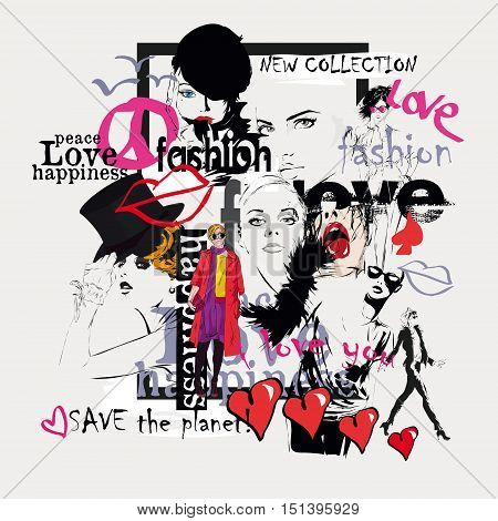 Beautiful collage faces of women. Vector illustration