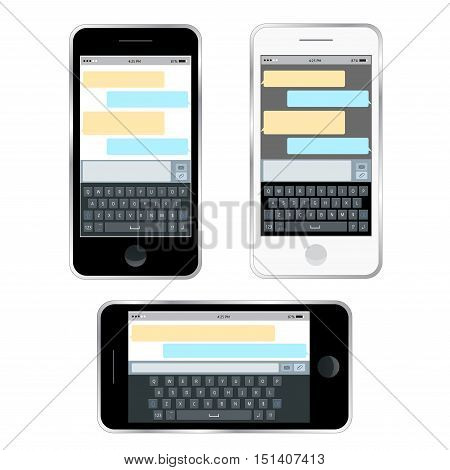 Mobile messenger chat, hands with smartphone sending a message. Isometric flat design, vector illustration. Smartphone keyboard, mobile phone keypad vector mockup. Keyboard for mobile device.