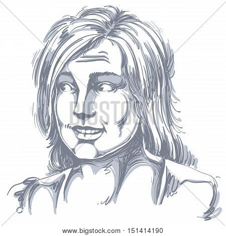 Monochrome vector hand-drawn image blameworthy young woman. Black and white illustration of regretful girl.
