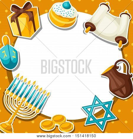 Jewish Hanukkah celebration card with holiday sticker objects.
