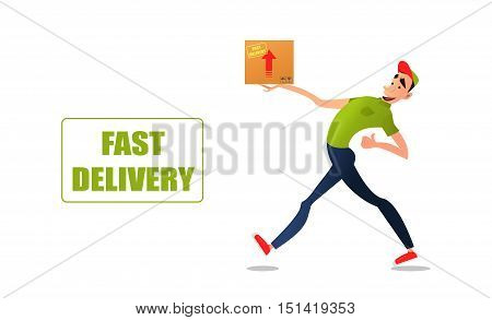 Fast free delivery. Courier runs with box on the order.Cheerful man courier.Colorful characters in a flat style