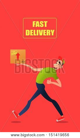 Fast free delivery. Courier runs with box on the order.Cheerful man courier.Colorful characters in a flat style