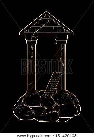 Graphic half-ruined architecture with column in line art style. Ancient building isolated on the black background in golden colors.